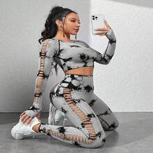 Conjuntos de Entrenamiento para Mujer Tie Dye Hollow Out Seamless Matching Tracksuit Gym Outfits Set - Gris - Ver 6