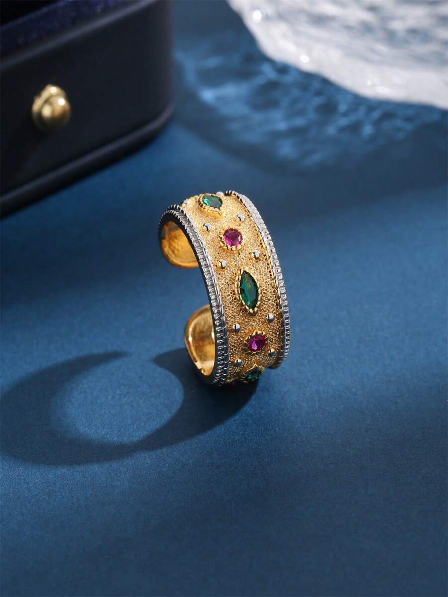 1件雙色鑲嵌線繪開口戒指 - 彩色 - 查看 1