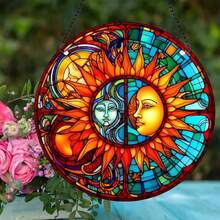 1入組帶太陽眼鏡月亮和陽光彩色玻璃窗,藍色和黃色廚房裝飾,適用於窗戶的亞克力日光捕手,感恩節或生日禮物,女性生日時的美麗太陽收藏品,新居或母親節禮物 - B15月亮和陽光 - 查看 4