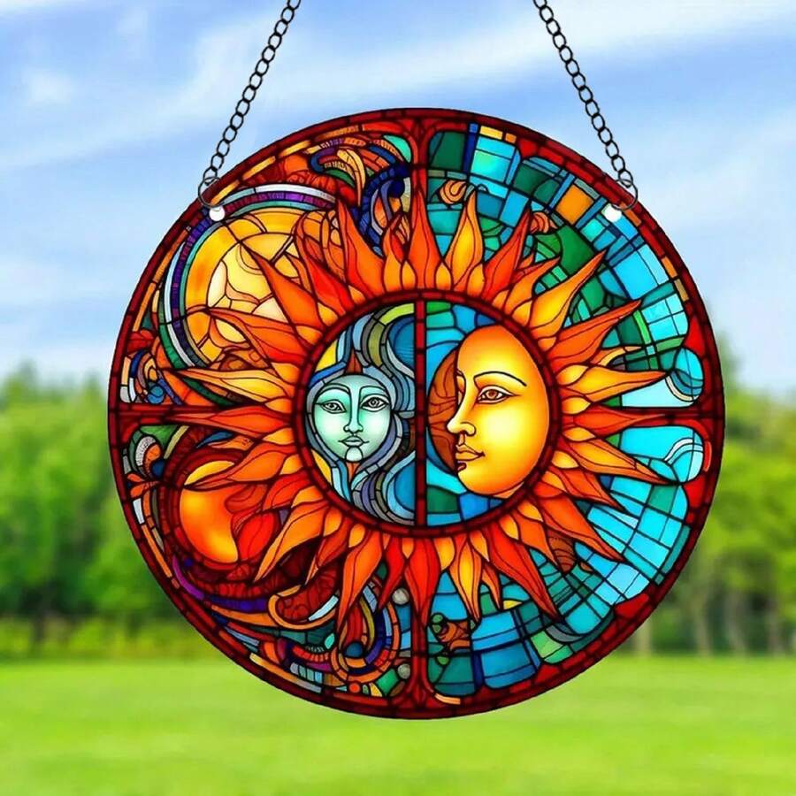 1入組帶太陽眼鏡月亮和陽光彩色玻璃窗,藍色和黃色廚房裝飾,適用於窗戶的亞克力日光捕手,感恩節或生日禮物,女性生日時的美麗太陽收藏品,新居或母親節禮物 - B15月亮和陽光 - 查看 1