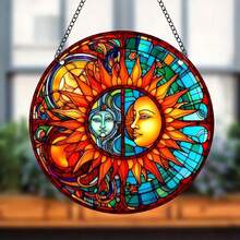 1入組帶太陽眼鏡月亮和陽光彩色玻璃窗,藍色和黃色廚房裝飾,適用於窗戶的亞克力日光捕手,感恩節或生日禮物,女性生日時的美麗太陽收藏品,新居或母親節禮物 - B15月亮和陽光 - 查看 3