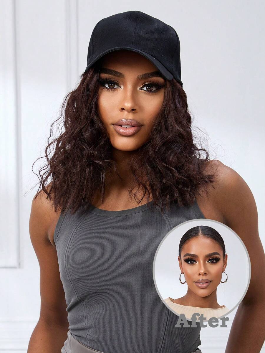 Hat Wig For Women, 12 Inch Short Wave Baseball Cap Wig With Curly Synthetic Hair Extensions, Adjustable Black Baseball Hat Wig