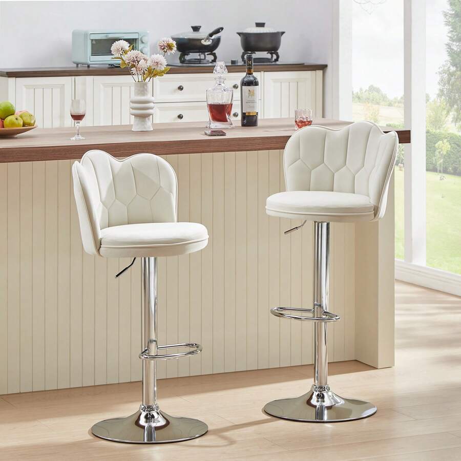 Bar Stools Set Of 2, Adjustable Barstools With Back, Velvet Armless Counter Height Stool Kitchen Island Stool Swivel Bar Stools, White - White - View 1