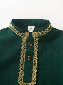 Young Boy Embroidery Patch Stand Collar Long Shirt