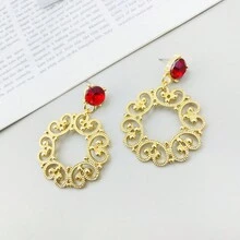 1對新宮廷風格空心圓形鑽石裝飾耳環（女性專用） - 金色 - 查看 2