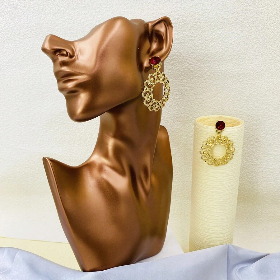 1對新宮廷風格空心圓形鑽石裝飾耳環（女性專用） - 金色 - 查看 1