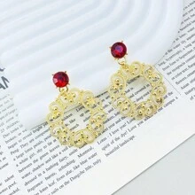 1對新宮廷風格空心圓形鑽石裝飾耳環（女性專用） - 金色 - 查看 4