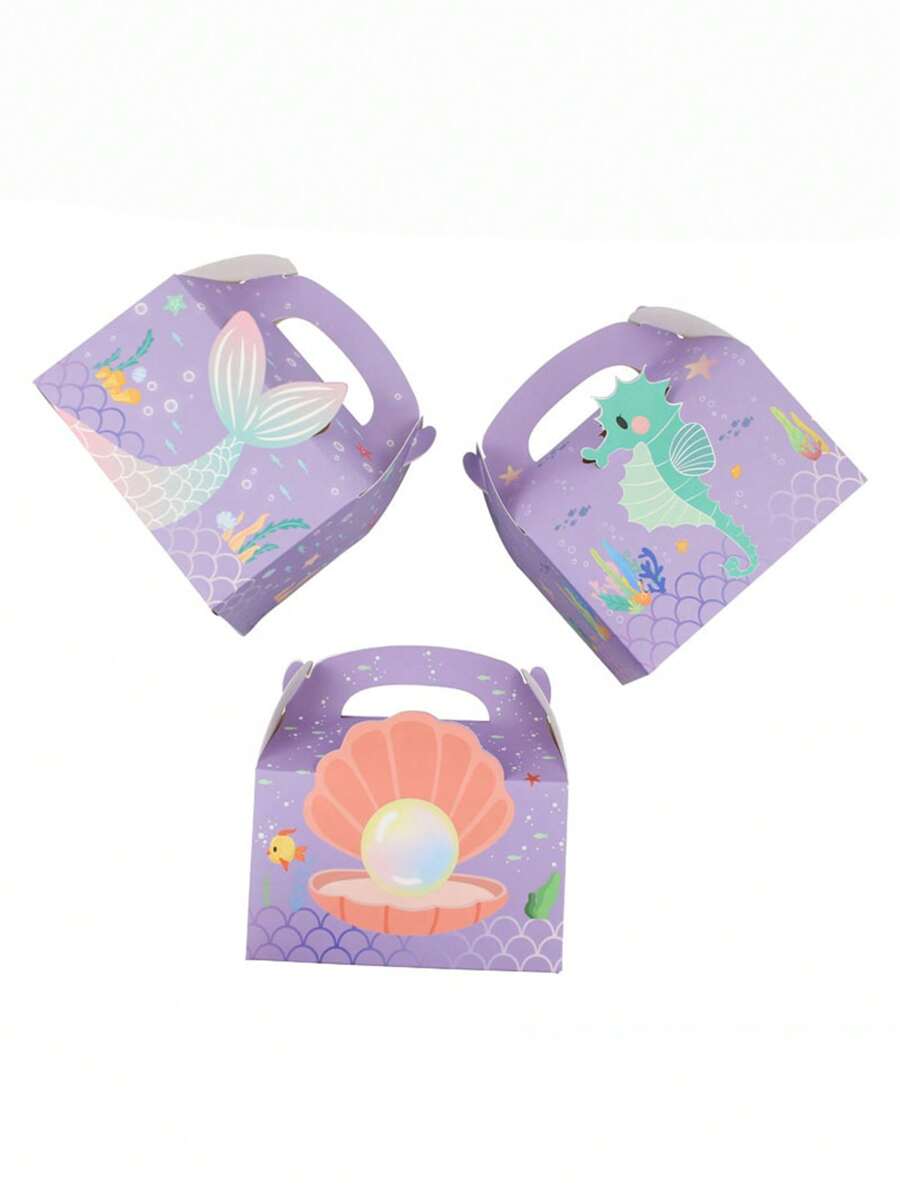 3入組手提袋狀人魚尾巴派對禮物盒，包裝烘焙禮物肥皂糖果巧克力餅乾盒，完美的紙板糖果巧克力禮物盒，用於婚禮派對和派對禮物盒，生日裝飾 - 彩色 - 查看 1