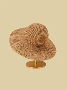 1頂女式手工編織圓頂寬邊遮陽帽,中空設計,時尚實用,適合防曬/海灘/度假,可折疊且便於攜帶 - 草帽 - 查看 12