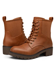 Comfyshoes Womens' Ankle Boots, Combat Lace-Up Boots With Inner Zipper - Rỉ Nâu - Xem 5