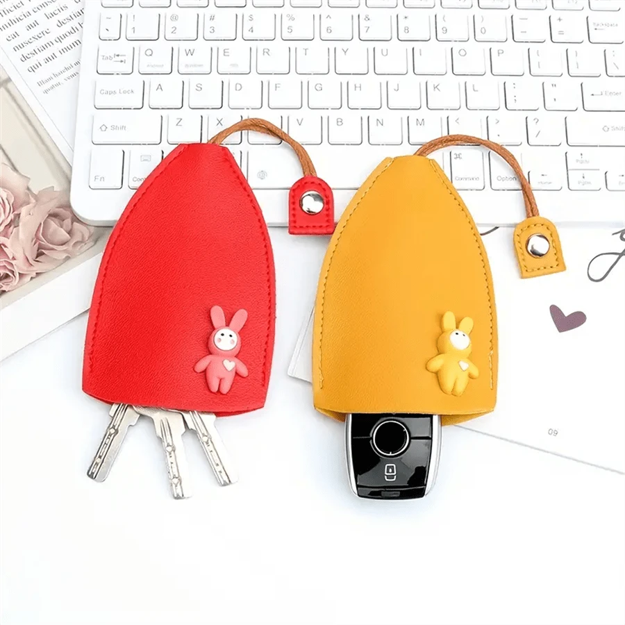 PU Leather Car Key Case With A 3D Rabbit, Pull-Out Cute Large-Capacity Car Key Case, Car Key Keychain Holder Hook - Multicolor - View 1