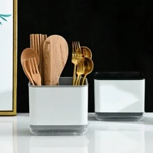 Hållare Ätpinnar Bur Med Dräneringshylla , Multifunktionell Bestick Förvaringslåda Med Genomskinlig 
Botten , Kök Arrangör - Aprikos - Visa 4