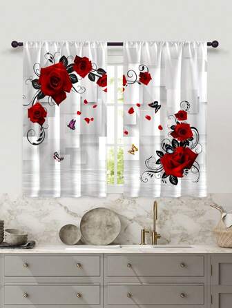 2 件裝新款時尚聚酯纖維數位印花玫瑰背景窗簾適合居家裝飾,四季皆宜