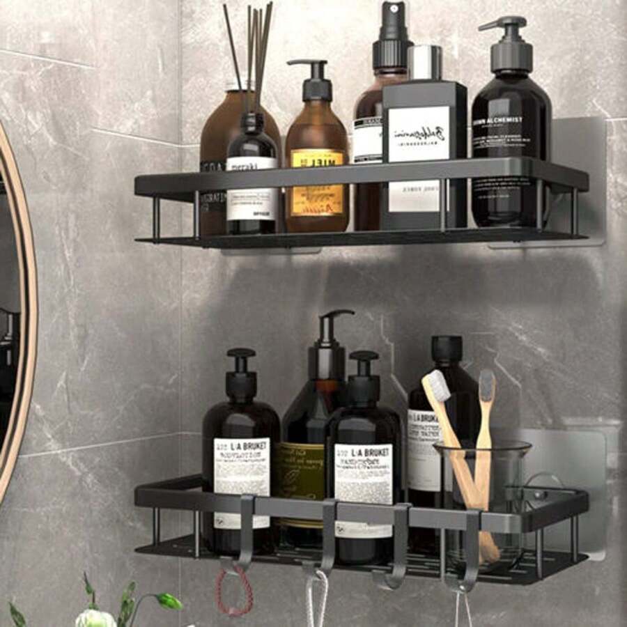 2X Self Adhesive Shower Shelf Bathroom Shower Caddy Rack Storage Organiser Black - Black - View 1