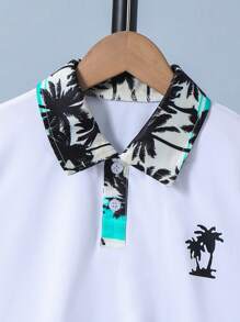 1 套青少年男孩休闲 Polo 领棕榈树印花 T 恤和全幅海滩日落棕榈树印花短裤，春夏 - 彩色 - 查看 4