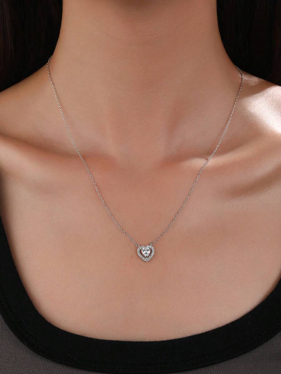 1 件 S925 银全水钻心形项链，适合女士 - 时尚、奢华、百搭的珠宝礼物，适合情人节 - 銀色 - 查看 1