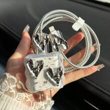 5件套 3D 电镀银心形卡通风格保护壳 适用于 Apple 20w/18w 充电器和数据线线缆保护器，充电器保护器 - 銀色 - 查看 6