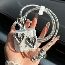 5件套 3D 电镀银心形卡通风格保护壳 适用于 Apple 20w/18w 充电器和数据线线缆保护器，充电器保护器 - 銀色 - 查看 3