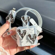 5件套 3D 电镀银心形卡通风格保护壳 适用于 Apple 20w/18w 充电器和数据线线缆保护器，充电器保护器 - 銀色 - 查看 4