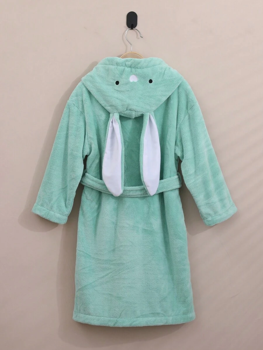 1pc Coral Fleece 3D Ear Embroidered Rabbit Hooded Bathrobe, Loungewear, Robe, High-End Home Wear, Suitable For Bathing, Pool, Gift - Green - View 1