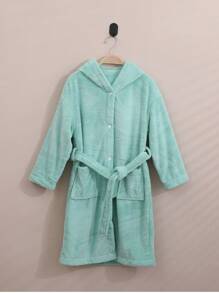 1pc Coral Fleece 3D Ear Embroidered Rabbit Hooded Bathrobe, Loungewear, Robe, High-End Home Wear, Suitable For Bathing, Pool, Gift - Green - View 2