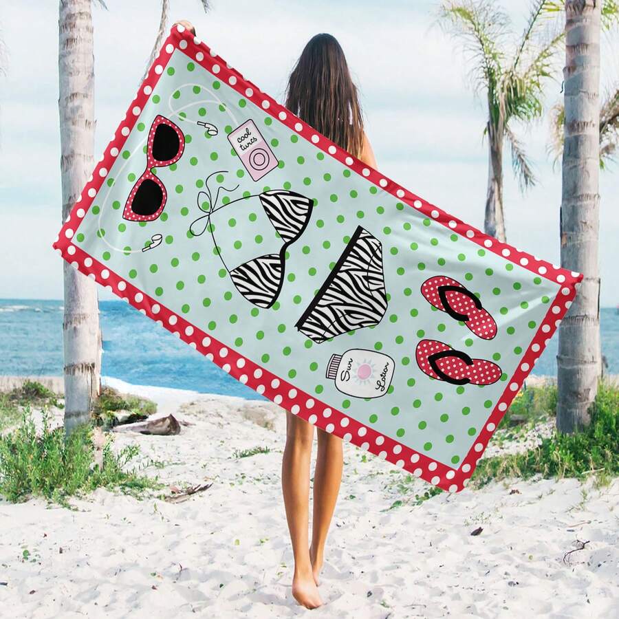 1件加厚沙灘比基尼圖案加厚超細纖維毛巾夏季沙灘巾草墊瑜珈墊適用於游泳池露營旅行沙灘巾披肩 - 彩色 - 查看 1