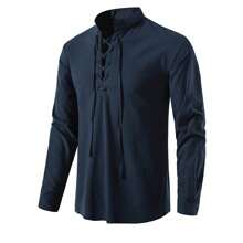 Camisa Cuello Mao Hombre Casual Manga Larga Estilo Escocesas - Azul Marino - Ver 2