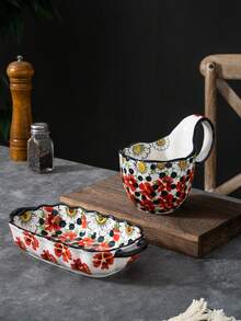 1 件创意波兰风格手绘陶瓷双耳蒸蛋碗，方形弯柄杯，适合餐厅 - 彩色 - 查看 5