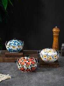 1 件创意波兰风格手绘陶瓷双耳蒸蛋碗，方形弯柄杯，适合餐厅 - 彩色 - 查看 2