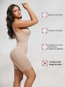 1pc Seamless High-Waisted Mid-Thigh Shapewear Romper With Butt Lifter And Backless Design - Apricot - View 3
