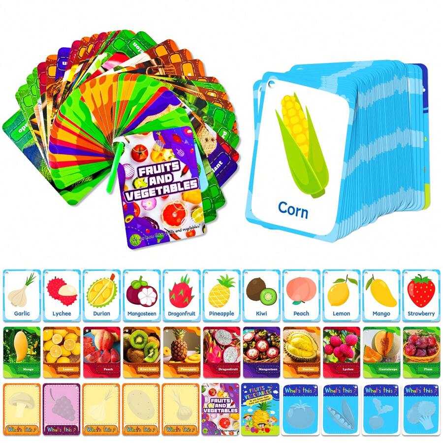 91Pcs Food Cognition Flash Cards, Realistic Fruits & Vegetables Flash Cards For Students, Creative Flash Cards For Classroom Education, Homework, Study Supplement Learning Cards - Multicolor - View 1