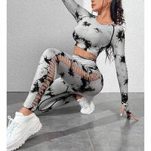 Conjuntos de Entrenamiento para Mujer Tie Dye Hollow Out Seamless Matching Tracksuit Gym Outfits Set - Gris - Ver 5