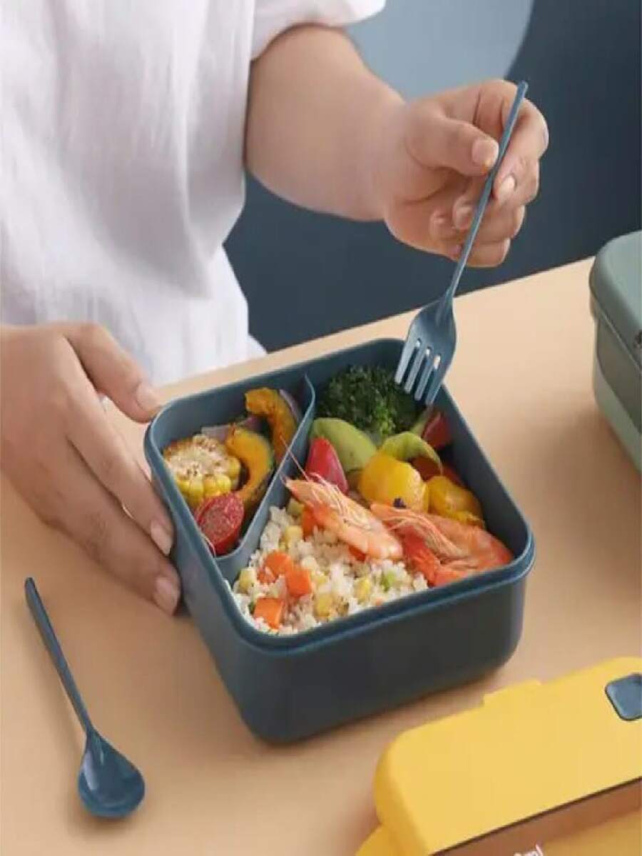 Lonchera cuadrada, Contenedor Para Comida 2 Divisiones | Loncheras con Divisiones Libre de BPA Cubiertos Incluidos | Capacidad 1100 ml | Contenedores Para Alimentos Apto para Microondas - Multicolor - Ver 1