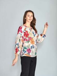 Blusa Campesina Floreada para Dama, Tallas M/L/XL, Manga Abullonada, Escote Ajustable, Tejido Ligero, Estilo Bohemio, Ideal Primavera-Verano, - Naranja - Ver 4