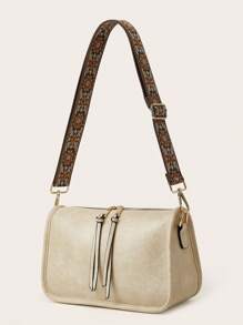 復古桶包,經典十字背包,帶復古幾何圖案的女士百搭包,圖案拉鍊斜挎包,寬帶時尚肩包,大容量日常手提包 - 白色 - 查看 2