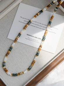 1 件复古欧美小众奢华天然宝石和珠子项链，颈链长度装饰适合情侣日常佩戴