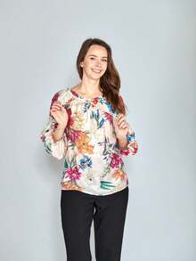 Blusa Campesina Floreada para Dama, Tallas M/L/XL, Manga Abullonada, Escote Ajustable, Tejido Ligero, Estilo Bohemio, Ideal Primavera-Verano, - Naranja - Ver 1