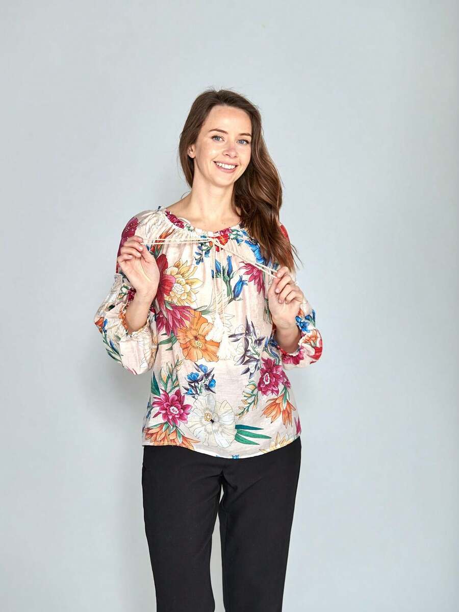 Blusa Campesina Floreada para Dama, Tallas M/L/XL, Manga Abullonada, Escote Ajustable, Tejido Ligero, Estilo Bohemio, Ideal Primavera-Verano, - Naranja - Ver 1