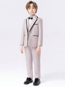 年輕男孩4件禮服套裝：春季西裝外套、背心、長褲、領結 - 灰色 - 查看 3