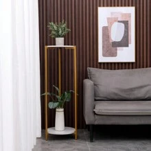 Tall Table With 2 Tiers, Round End Table Sofa Side Table, 90cm Plant Stand Indoor Plant Holder, With Marble Texture - White - View 3