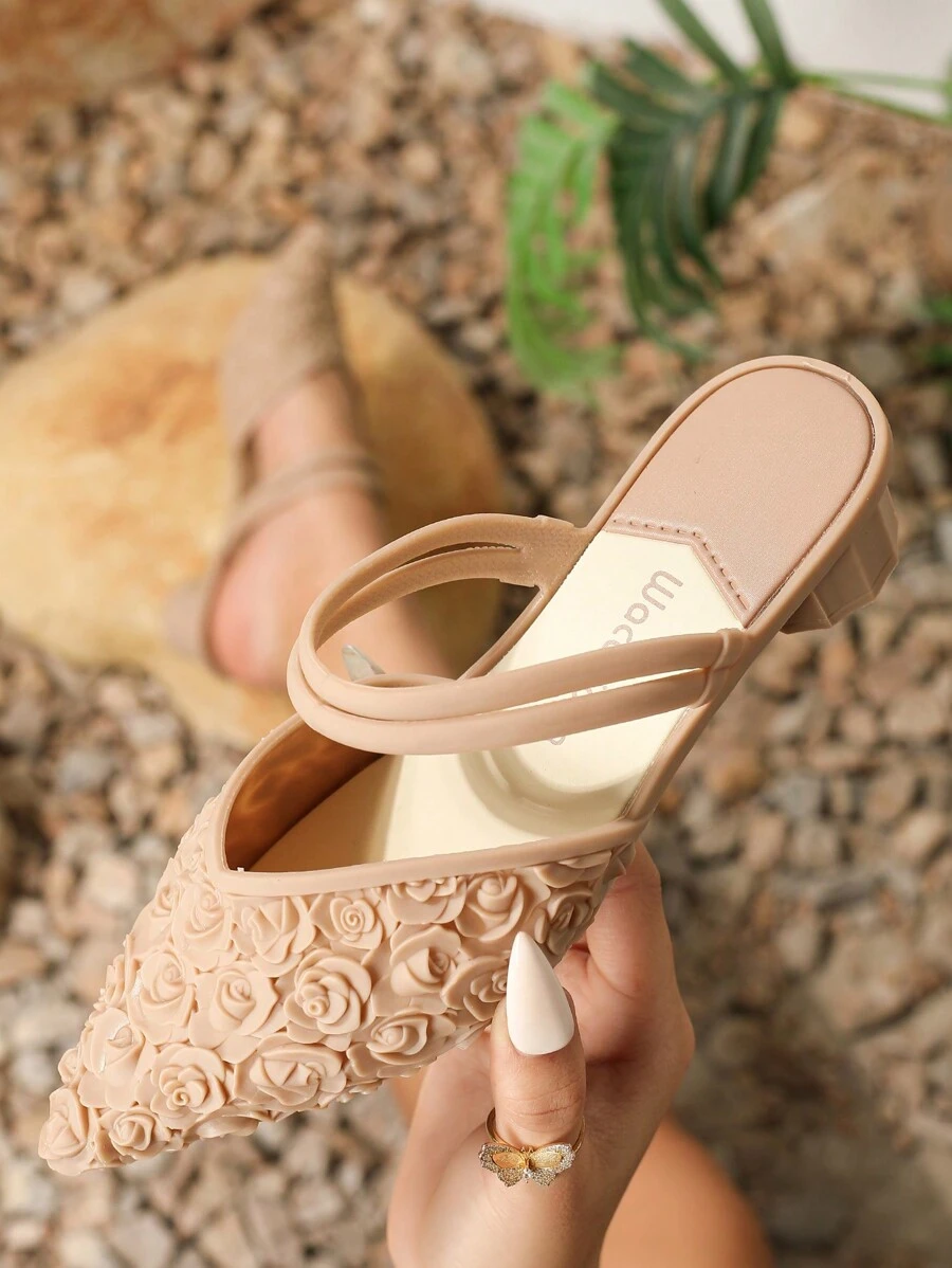 Women's Pointed Toe High Heels Rose Patterned Fashionable Camel Color Chunky Heel Elegant Style Sandals For Spring And Summer Valentines
