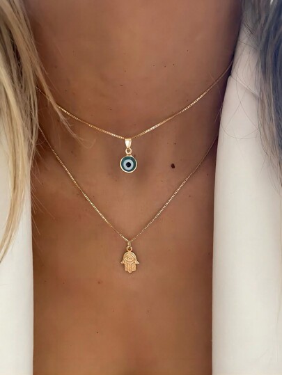 2pcs Simple Multi-Layer Eye-Shaped Necklace Set, Women Vacation Dating Gift Daily Wear