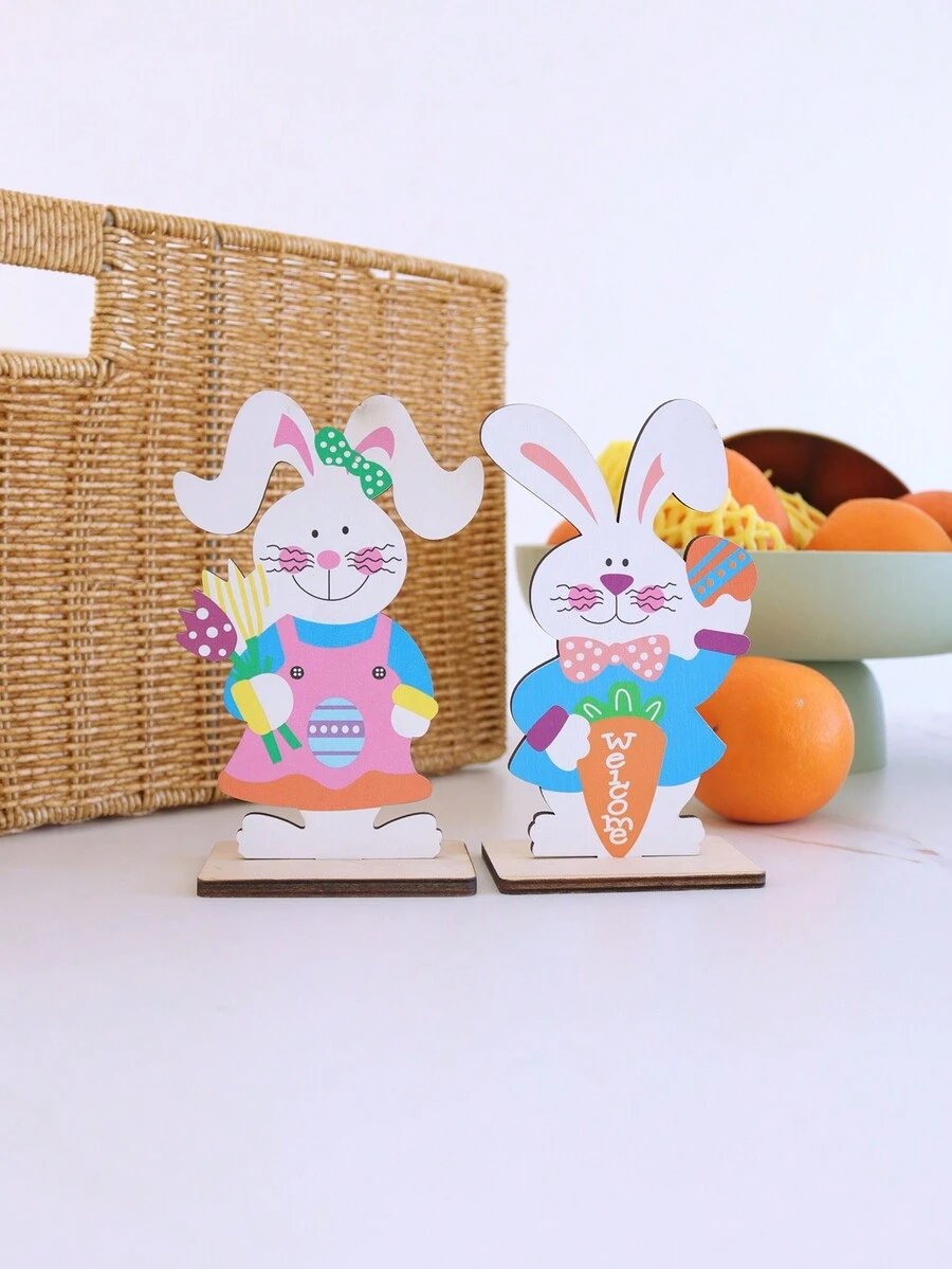 1套(2入組) 木製家居裝飾,創意兔狀木製擺設,適用於復活節假期的桌面裝飾道具 - 彩色 - 查看 1