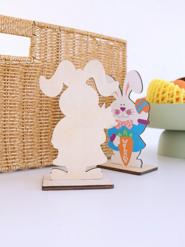 1 Set (2 Piezas) Decoración De Hogar De Madera, Adorno De Madera Con Forma Creativa De Conejo, Decoración De Escritorio Para Las Vacaciones De Pascua - Multicolor - Añade 6