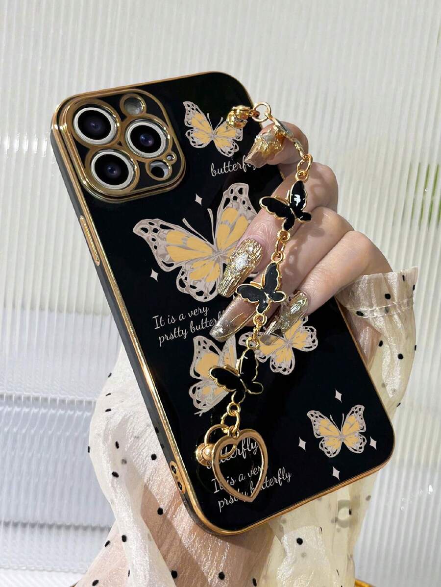 1个黑色电镀蝴蝶手链和1个黑色电镀TPU蝴蝶图案防震手机壳(兼容苹果国际版,非国内版) - 彩色 - 查看 1