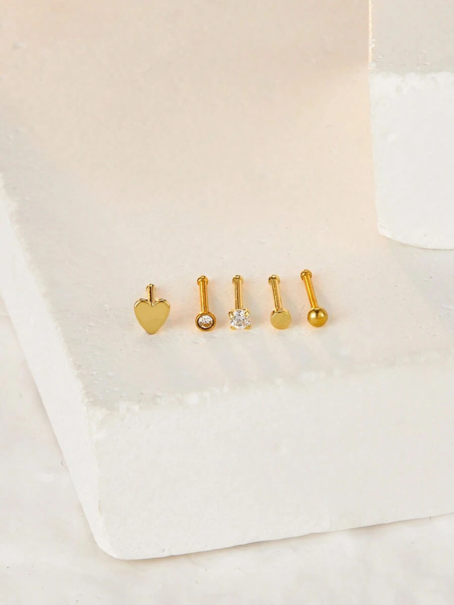 5入組心形不鏽鋼鼻釘套裝