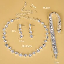 4pcs/set Full Diamond Circle Chain Necklace & Chain Bracelet & Drop Earrings For Women Wedding Bridal Jewelry - Silver - View 17