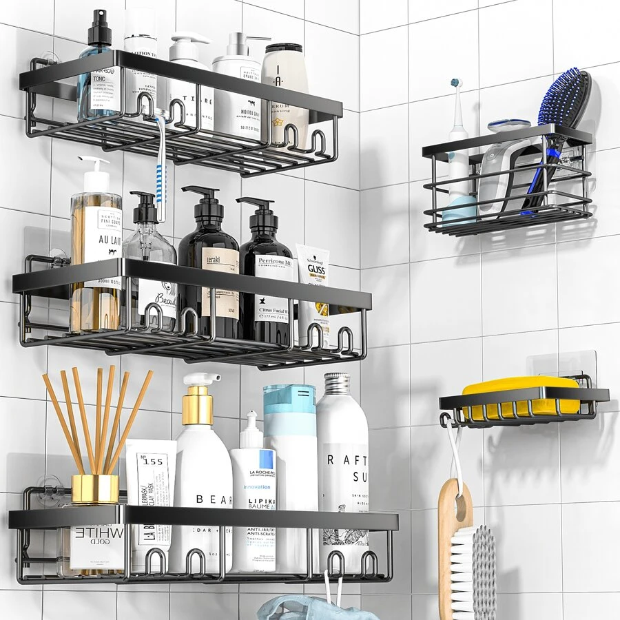 Moforoco 5 Pack Shower Caddy ,3 Shower Racks With Soap Holder And Toothbrush Holder,Adhesive Shower Shelves Storage Organizer, No Drilling Rustproof Stainless Steel Shower Caddy,Black Bathroom Shelf - 黑色 - 查看 1
