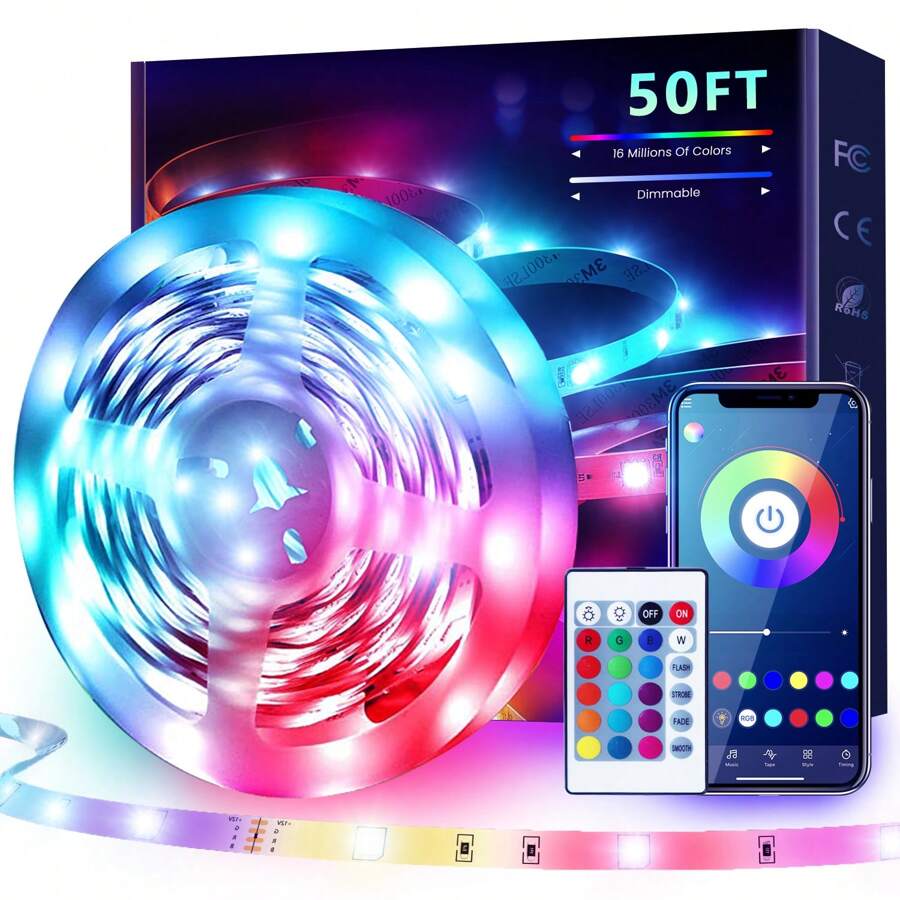 50 FT LED Strip Lights,Bluetooth LED Lights For Bedroom, Color Changing Light Strip With Music Sync, Phone Controller And IR Remote(APP+Remote +Mic). - 彩色 - 查看 1