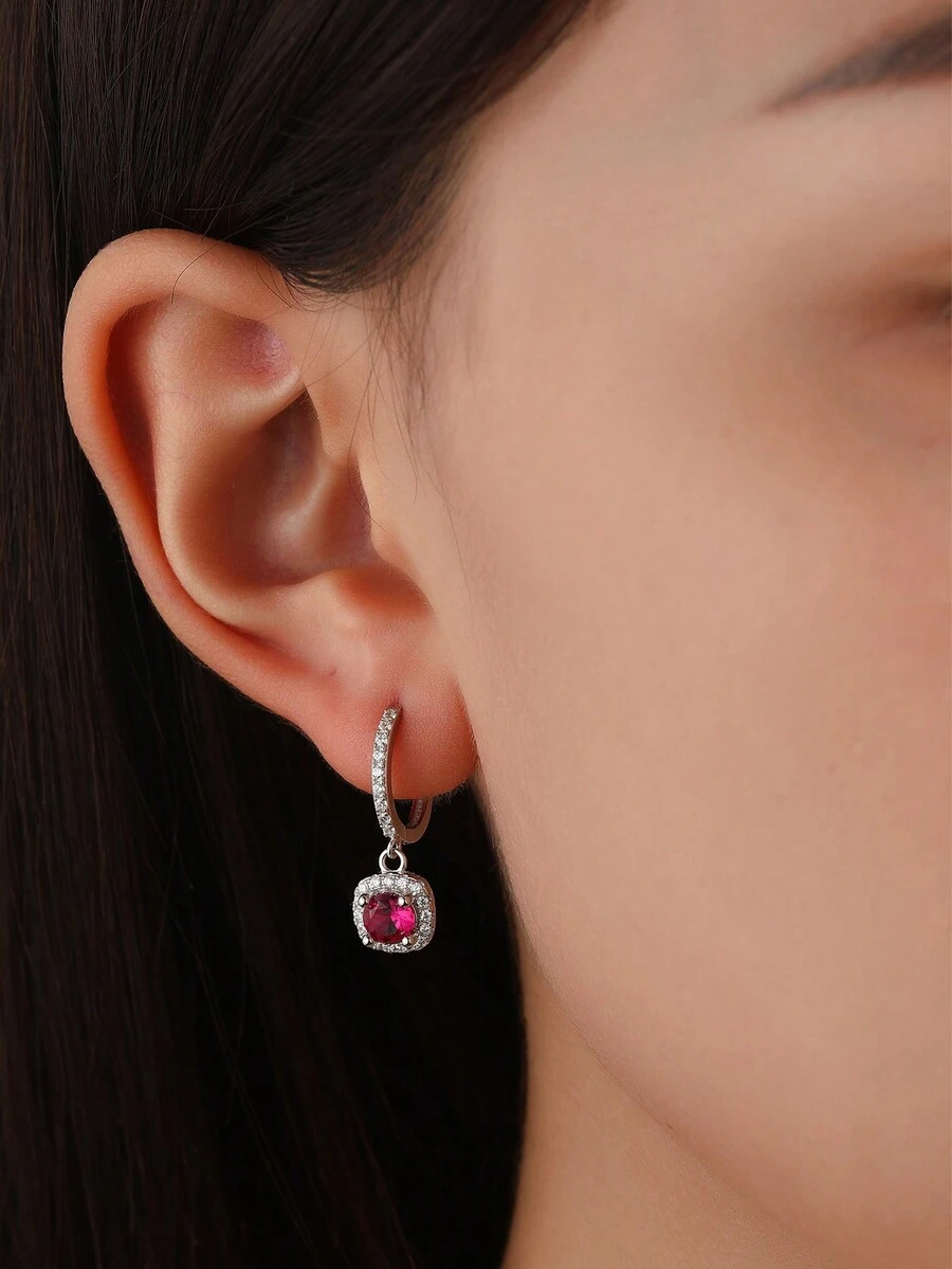 1雙S925純銀紅色石榴石和方晶鋯石鑲嵌女士耳環,時尚豪華多用途女士首飾類禮品 - 銀色 - 查看 1